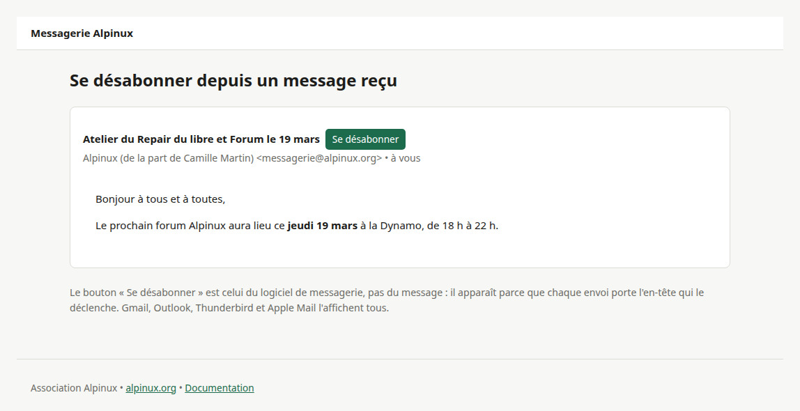 Le bouton « Se désabonner » qu'affiche votre logiciel de messagerie