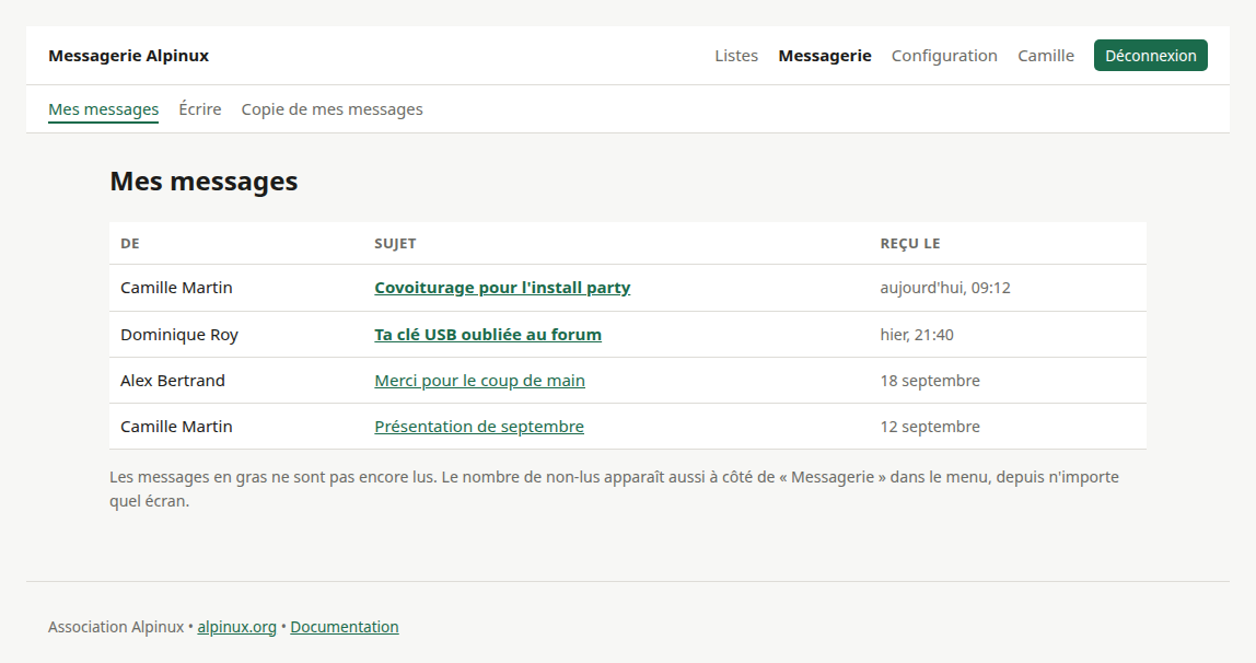 La boîte de réception ; les messages non lus sont en gras